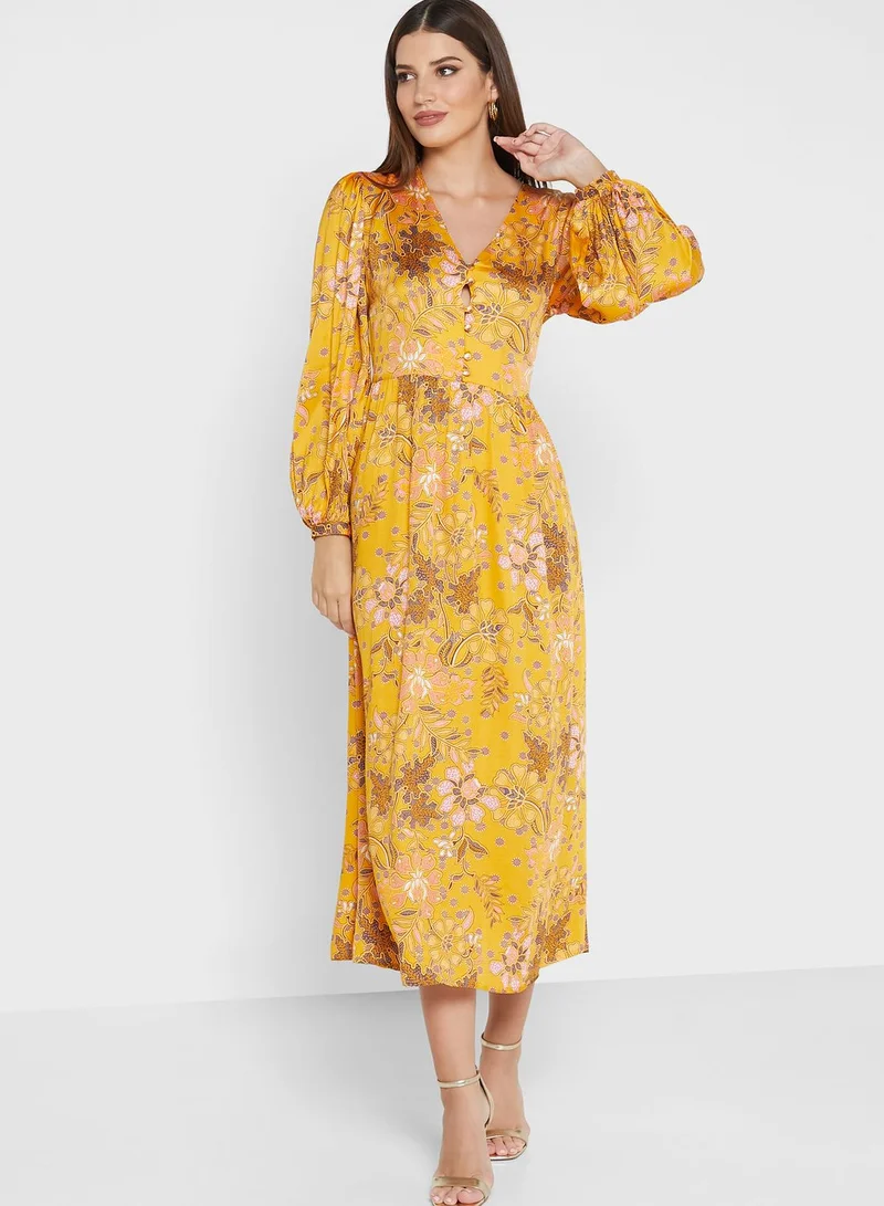 Oasis Balloon Sleeve Floral Print Tie Detail Dress