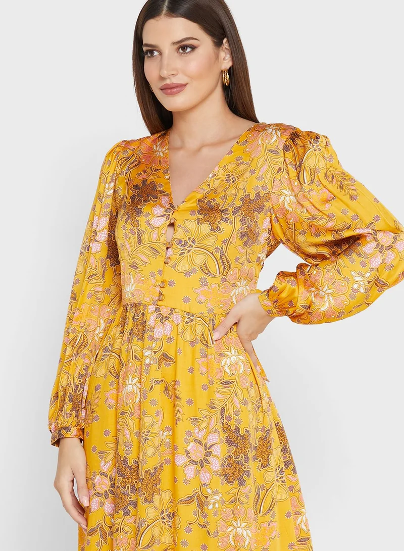 Oasis Balloon Sleeve Floral Print Tie Detail Dress