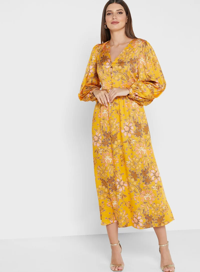 Oasis Balloon Sleeve Floral Print Tie Detail Dress