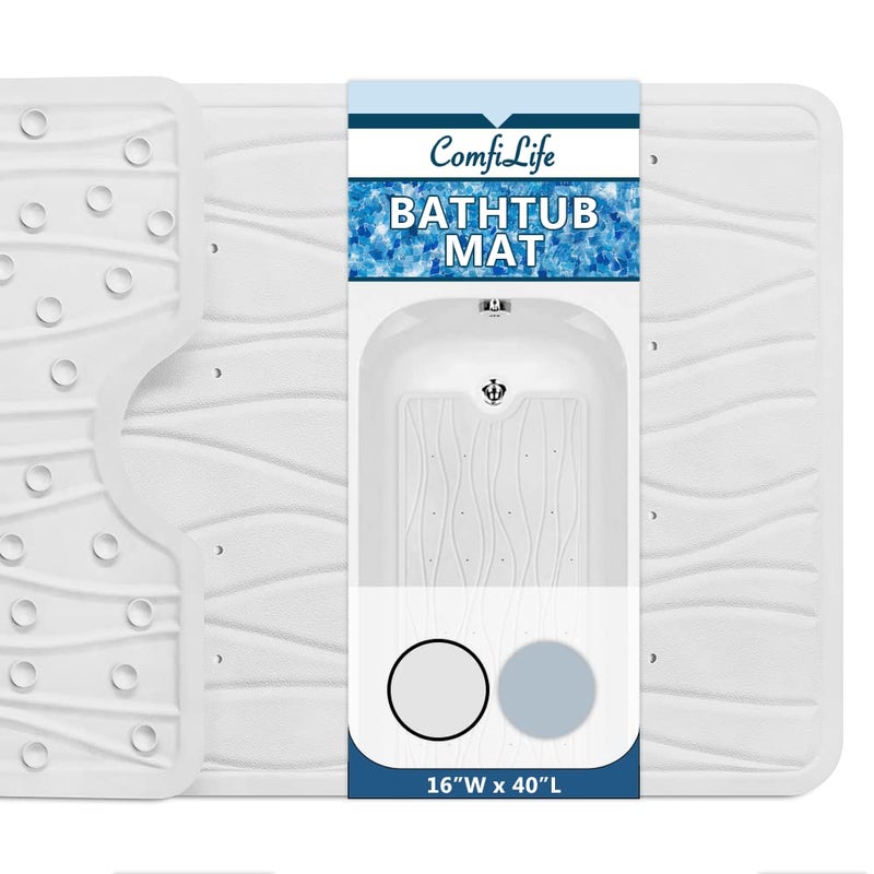 ComfiLife Bath Mat for Bathroom Tub and Shower  Non Slip Extra Large Bathtub Mat with Drain Holes  Suction Cups  Machine Washable Rubber Mats to Keep Bathtub Clean Cream Wave 16 x 40