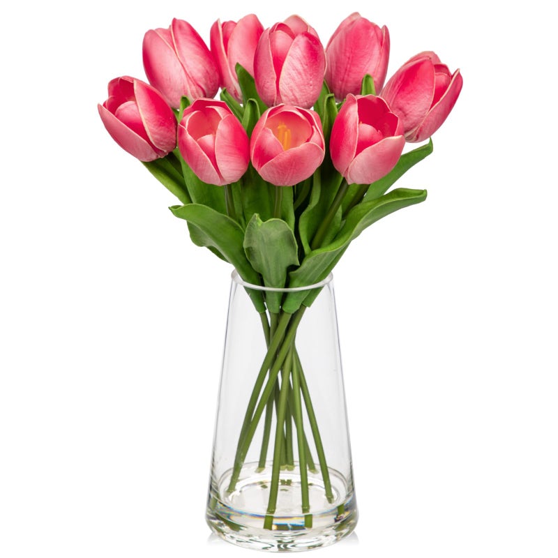 Arborus Fake Tulips Artificial Tulip Flowers in Glass Vase with Faux Water, 14.2" Real Touch Pink Tulip Flowers Spring DÃ©cor for Table Centerpiece Home Farmhouse Resto Wedding Decoration - Image 1