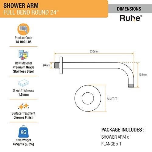 Ruhe® 24 Inches Round Full Bend Shower Arm | Premium Stainless Steel Shower Arm for Overhead Showers | Chrome Finish Shower Holder - Image 3