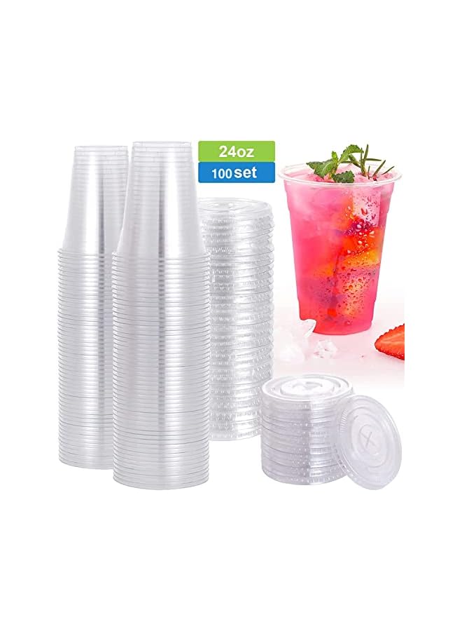SYOSI 100 Sets Plastic Cups with Flat Lids, Clear Disposable Plastic Party Cups with Flat Lids to Go, Cold Drink Cups, Smoothie Cups, Milkshake Cups 24 oz - Image 3