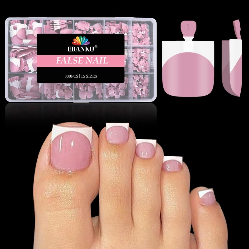 EBANKU 300PCS French Tip Press on Toenails for Women, EBANKU Sharp Square Toenail Press ons, Berry Pink Acrylic Toe Nail Tips with Pre-Applied Primer & Base Coat, Soft Gel False Toe Nails Extension, 15 Sizes - Image 1
