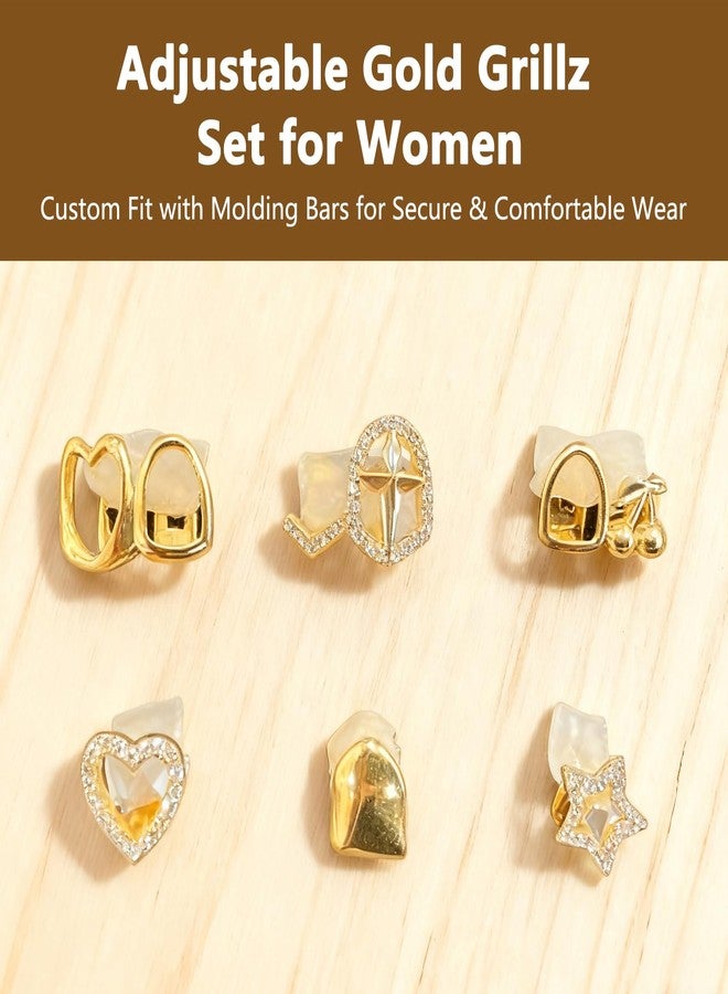 يافيجي طقم مجوهرات أسنان YAFIYGI مكون من 6 قطع للنساء، مطلي بالذهب، يتضمن أغطية أسنان فردية، مقاس واحد يناسب الجميع، مزين بأحجار الراين البراقة لإطلالة عصرية مستوحاة من موسيقى الهيب هوب، مع قلوب مجوفة وأحجار الراين على شكل نجمة وصليب وكرز. - Image 3