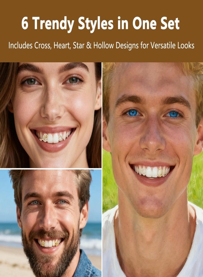 يافيجي طقم مجوهرات أسنان YAFIYGI مكون من 6 قطع للنساء، مطلي بالذهب، يتضمن أغطية أسنان فردية، مقاس واحد يناسب الجميع، مزين بأحجار الراين البراقة لإطلالة عصرية مستوحاة من موسيقى الهيب هوب، مع قلوب مجوفة وأحجار الراين على شكل نجمة وصليب وكرز. - Image 4