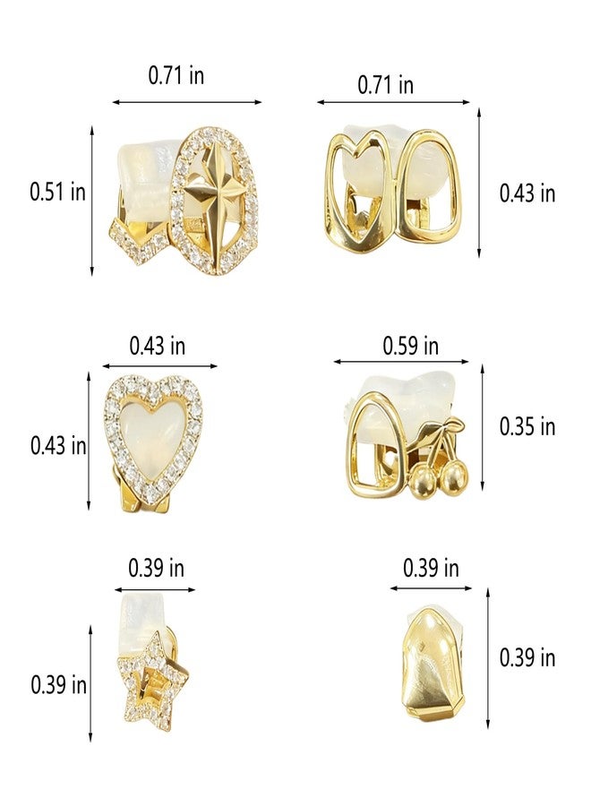 يافيجي طقم مجوهرات أسنان YAFIYGI مكون من 6 قطع للنساء، مطلي بالذهب، يتضمن أغطية أسنان فردية، مقاس واحد يناسب الجميع، مزين بأحجار الراين البراقة لإطلالة عصرية مستوحاة من موسيقى الهيب هوب، مع قلوب مجوفة وأحجار الراين على شكل نجمة وصليب وكرز. - Image 2