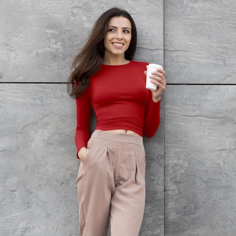 TNNZEET Red Long Sleeve Shirt Women Basic Soft Tees Fashion Crop Tops Fall Spring Y2K Tight Clothes for Casual Workout 2026 - Image 2