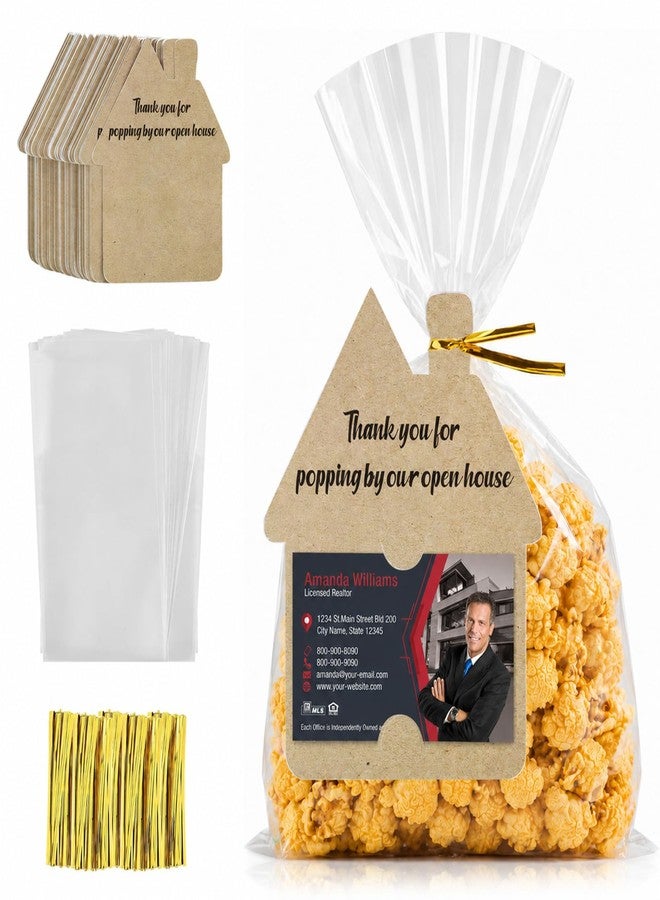POWAWINI 120 Pcs Open House Gift for Real Estate Agent Supplies, Clear Popcorn Bags With Thank You for Popping Business Card for Candy, Cookies, and Snacks, Realtor Supplies Gifts for Homebuyers - Image 1