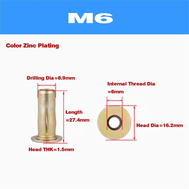 Multi-Grip Rivet-Nuts 20pcs Stainless Steel Galvanized Parts Slotted Expansion Rivet Nut M5 M6 M8 for Accessory(M6) - Image 2