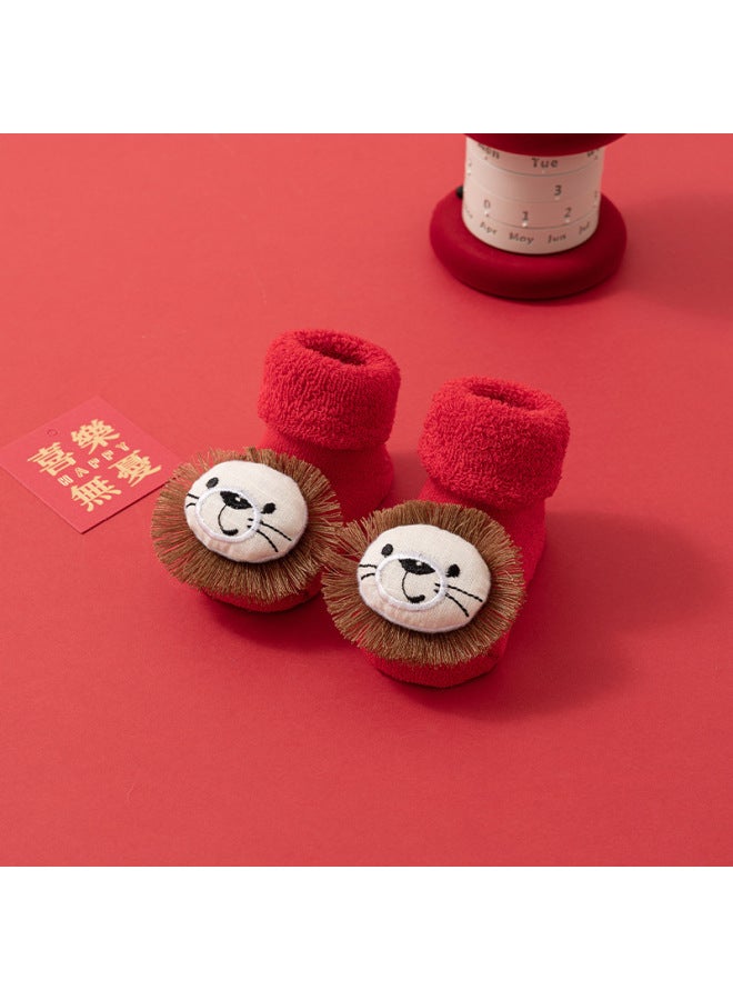 Newborn Baby Autumn And Winter Red Terry Socks Baby New Year Fleece-lined Thickened Non-slip Toddler Floor Socks