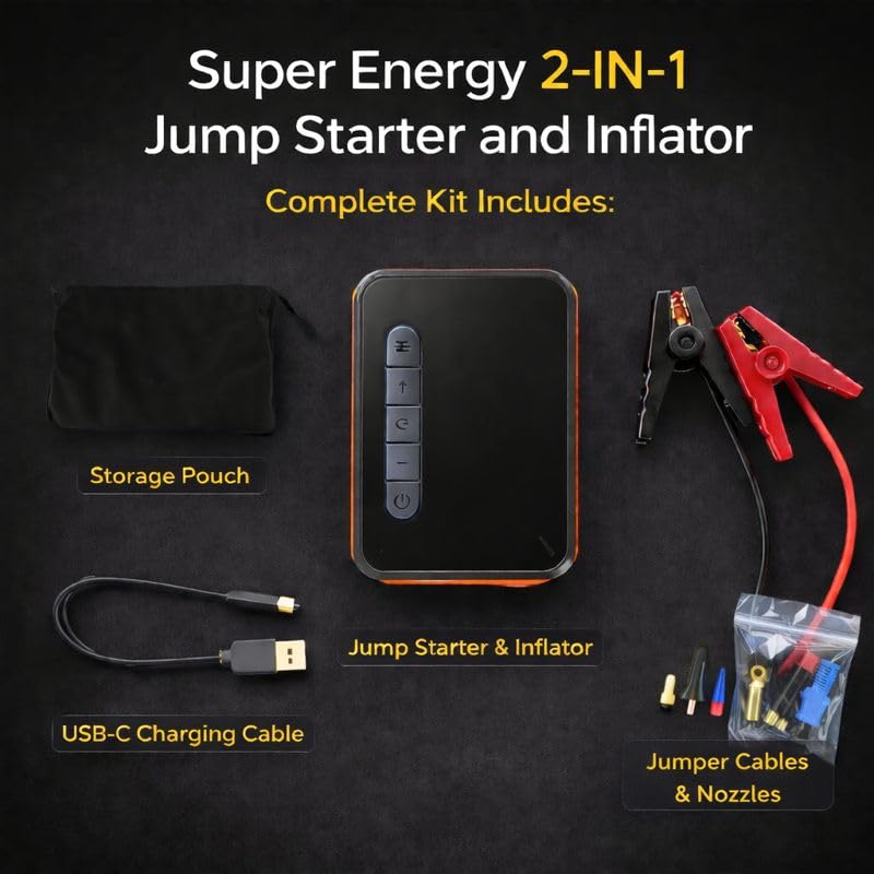YOURKARTS.COM 2-in-1 Car Jump Starter & Tyre Inflator – 8000mAh Emergency Power Bank, 12V 1000A Peak Output, Dual USB Charging, LED Flashlight, 60W Air Compressor (CX-319) - Image 4