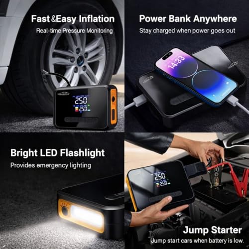 YOURKARTS.COM 2-in-1 Car Jump Starter & Tyre Inflator – 8000mAh Emergency Power Bank, 12V 1000A Peak Output, Dual USB Charging, LED Flashlight, 60W Air Compressor (CX-319) - Image 2