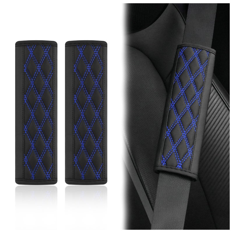 wedfish 2PCS Car Seat Belt Cover Pads,Leather Seatbelt Covers Protect Shoulder and Neck Car Accessories Interior,Universal Car Seat Strap Pads Car Decorations for Most Cars Trucks (Black/Blue) - Image 1