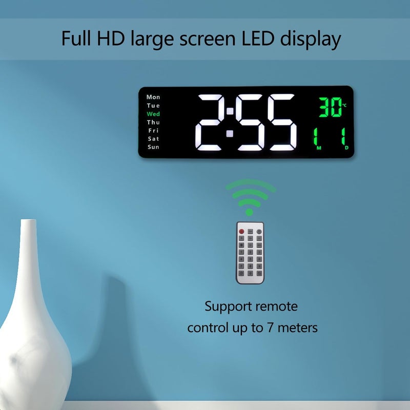GETZET LED Digital Wall Clock Large Display 162 with Temperature and Auto Dimming Easy Track The Time Date and Day of Week with Remote Control Use for Home Office Classroom Green Color