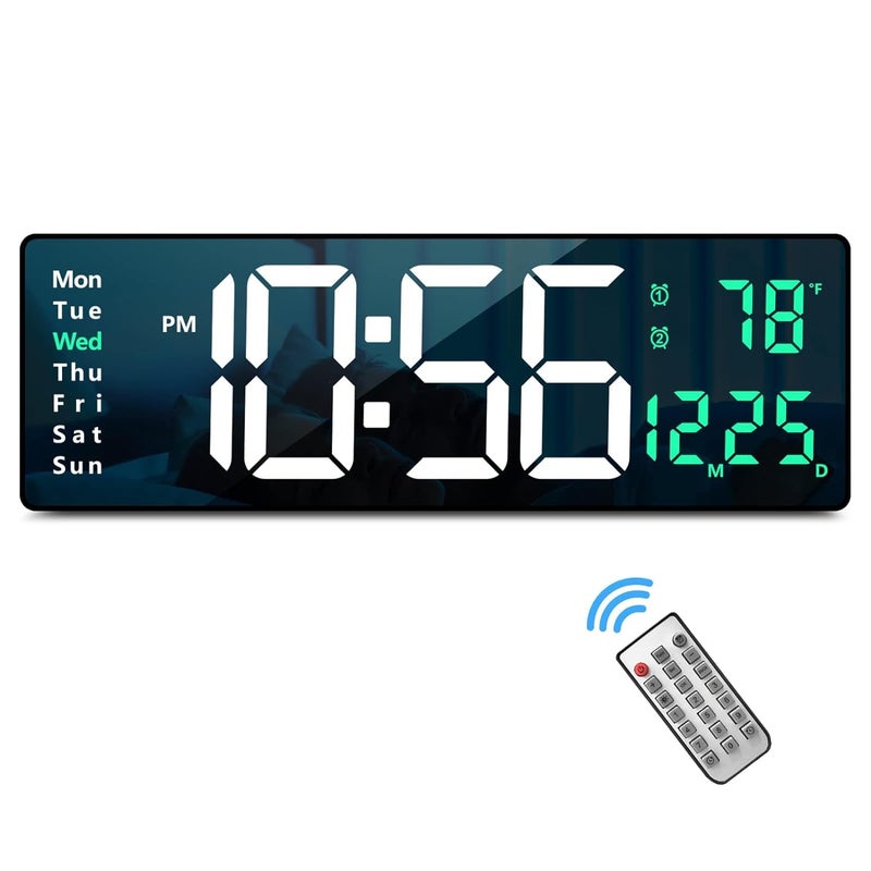 GETZET LED Digital Wall Clock Large Display 162 with Temperature and Auto Dimming Easy Track The Time Date and Day of Week with Remote Control Use for Home Office Classroom Green Color