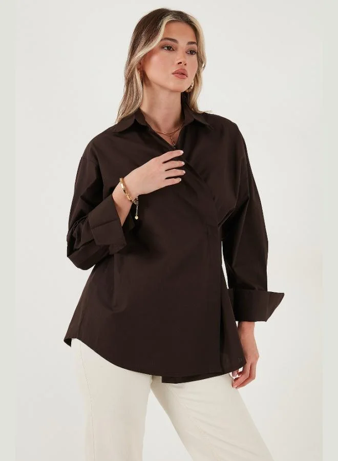 ليلا قميص نسائي بياقة كلاسيكية وأكمام طويلة بقصة عادية