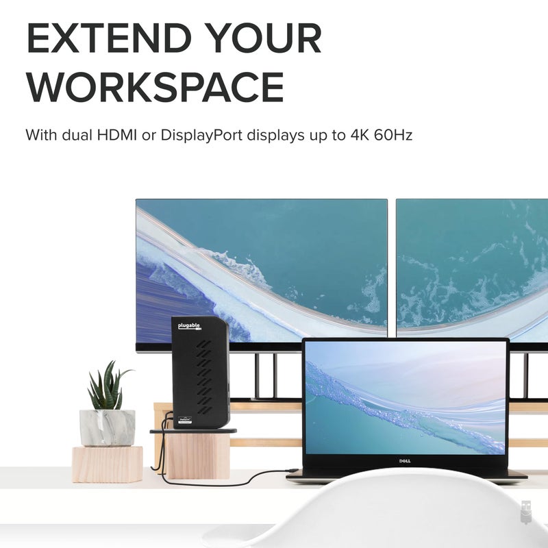 Plugable Dual DisplayPort & HDMI Docking Station - USB 3.0 & USB-C Laptop Dock for Dual Monitors, DisplayLink, Mac (Driver Required), ChromeOS & Windows, Gigabit Ethernet and Audio (UD-6950Z) - Image 2