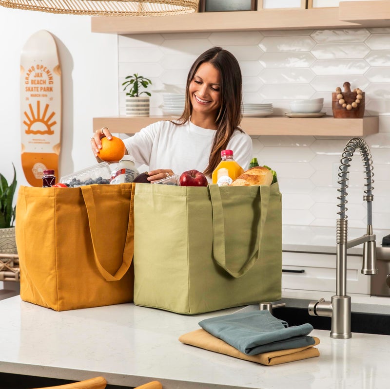VeraMia VeraMia Canvas Grocery Bag 3pc Jumbo Set with Real Pockets  Long Shoulder Strap and Short Handle. Reusable Shopping Bags for Groceries Heavy Duty  Foldable  Washable  Grocery Tote Bag (Avocado)  - Image 3