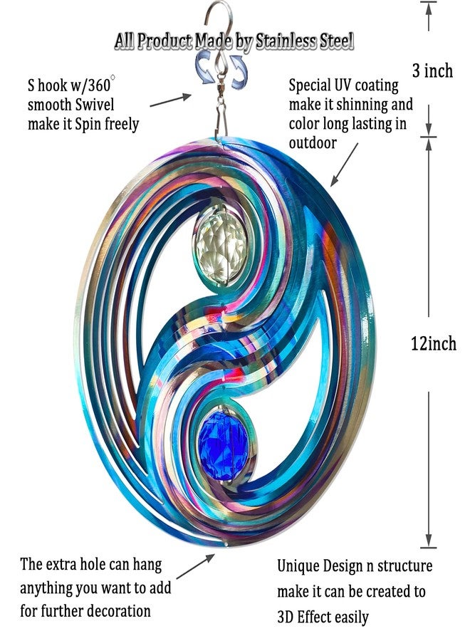 FONMY Mandala Wind Spinner w/Crystal Ball 3D Stainless Steel Hanging Wind Spinner Worth Gift Christmas Decoration Indoor/Outdoor Garden Décor Kinetic Yard Art 12 Inches Multi Blue Wind Sculpture - Image 5