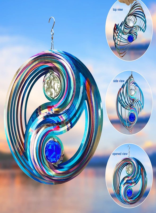 FONMY Mandala Wind Spinner w/Crystal Ball 3D Stainless Steel Hanging Wind Spinner Worth Gift Christmas Decoration Indoor/Outdoor Garden Décor Kinetic Yard Art 12 Inches Multi Blue Wind Sculpture - Image 3