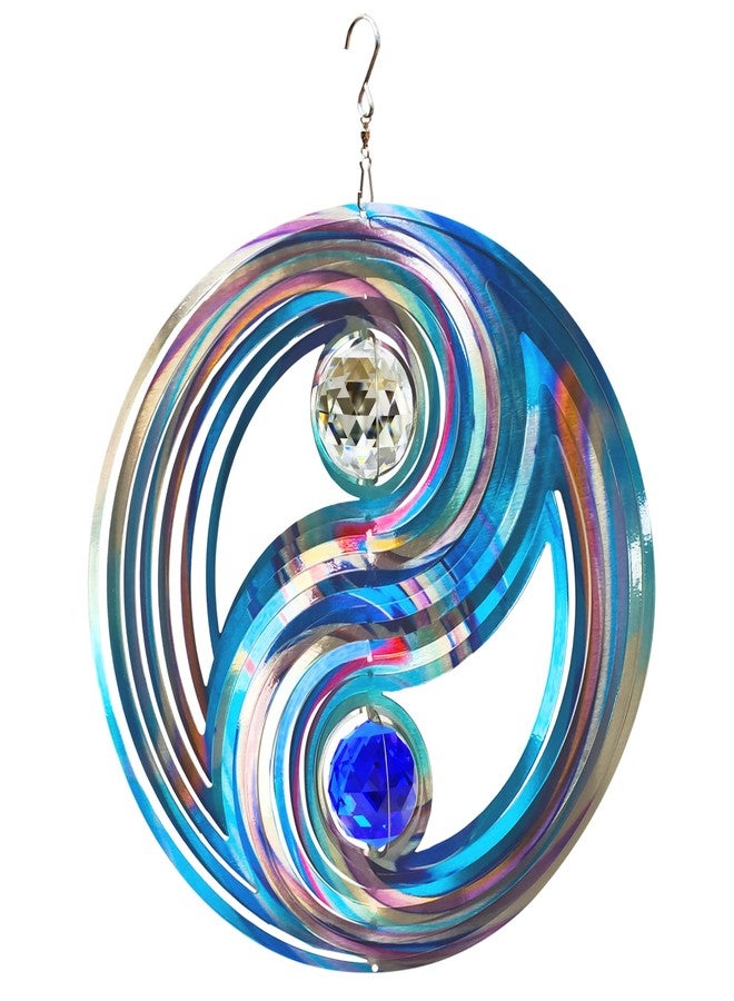 FONMY Mandala Wind Spinner w/Crystal Ball 3D Stainless Steel Hanging Wind Spinner Worth Gift Christmas Decoration Indoor/Outdoor Garden Décor Kinetic Yard Art 12 Inches Multi Blue Wind Sculpture - Image 1
