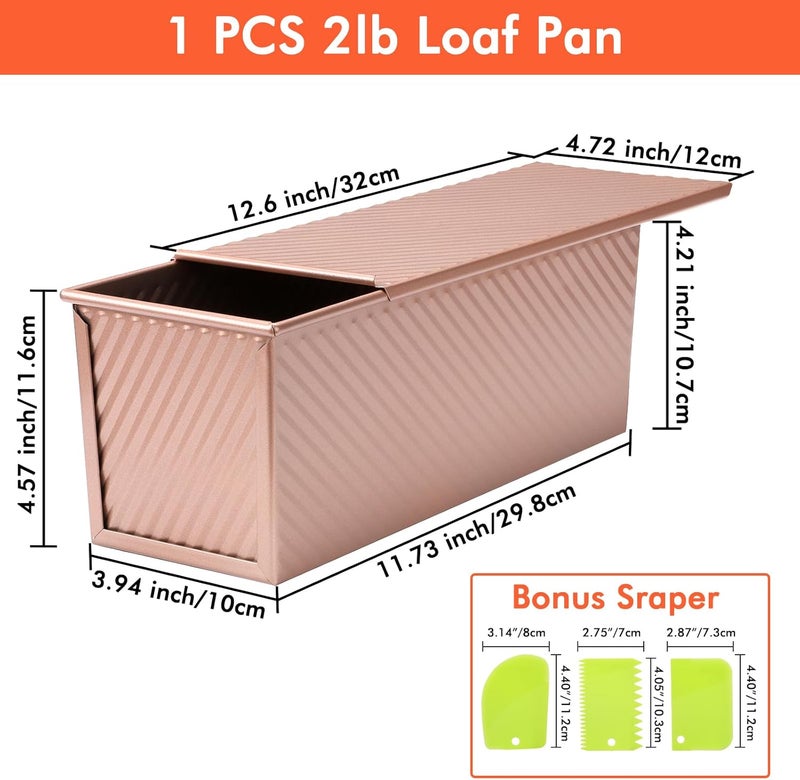 Beasea 2lb Pullman Loaf Pan with Lid, 1 Pack 12x4inch Large Bread Loaf Pans Carbon Steel Toast Box with Dough Scraper Set for Homemade Bread Bakeware Oven Baking - Rose Gold - Image 2