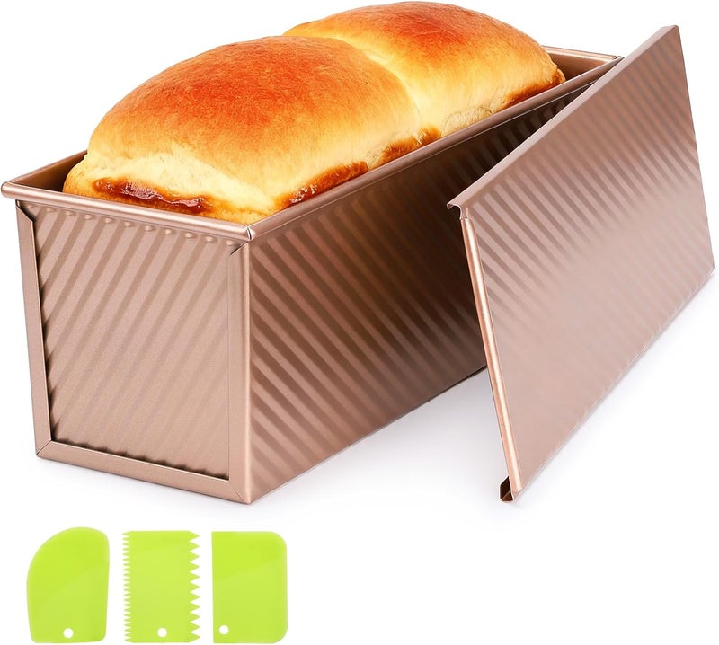 Beasea 2lb Pullman Loaf Pan with Lid, 1 Pack 12x4inch Large Bread Loaf Pans Carbon Steel Toast Box with Dough Scraper Set for Homemade Bread Bakeware Oven Baking - Rose Gold - Image 1
