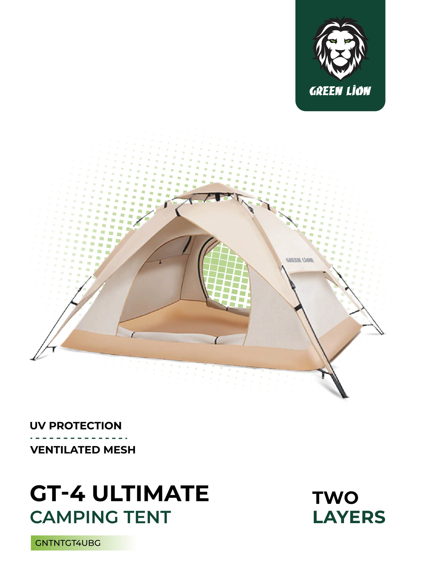 GT-4 Ultimate Camping Tent / 3-4 People Capacity / 210D Oxford Floor Material / UV Protection / Two Layers / Waterproof / Ventilated Mesh / Windproof Rope / Large Space / 2 Doors - Beige