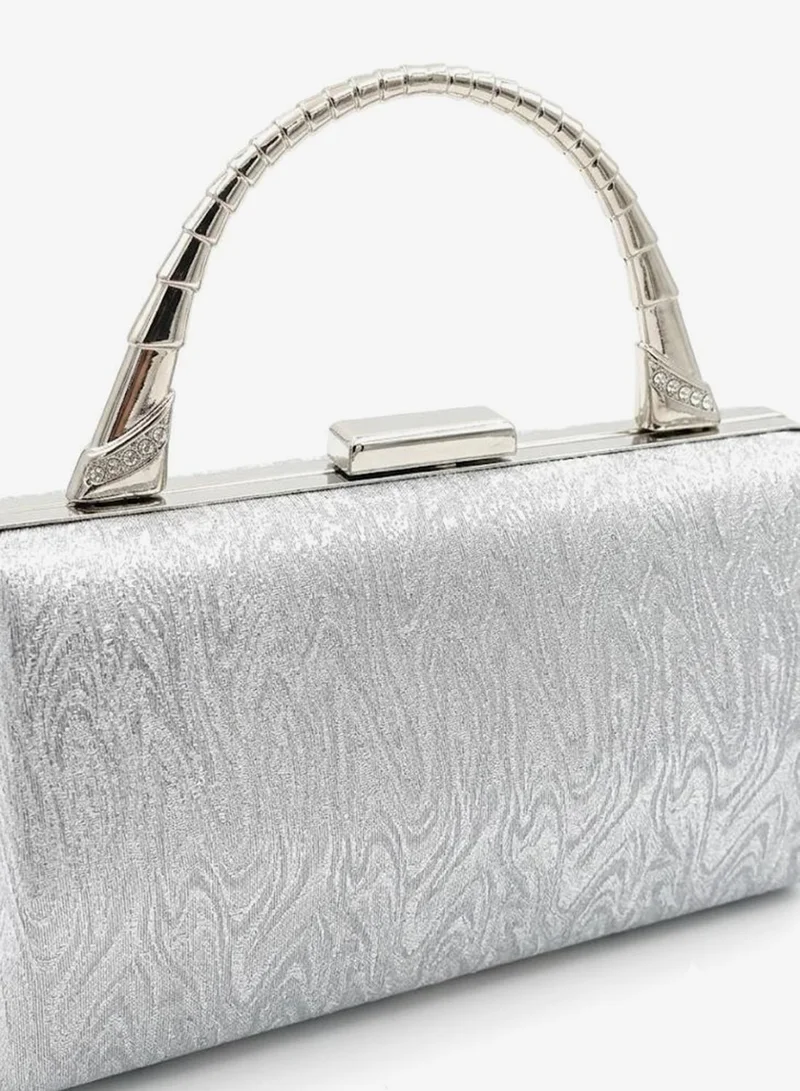 Viny Silver Viny Women's Shimmer Evening Clutch Bag | Elegant Party Handbag with Articulated Metal Handle & Crystal Clasp | Wedding Bridal Purse | Formal Minaudiere for Weddings, Parties, Prom, Cocktail, Engagement, Eid & Special Occasions – Gold, Silver, Champagne for Women | Best Price UAE