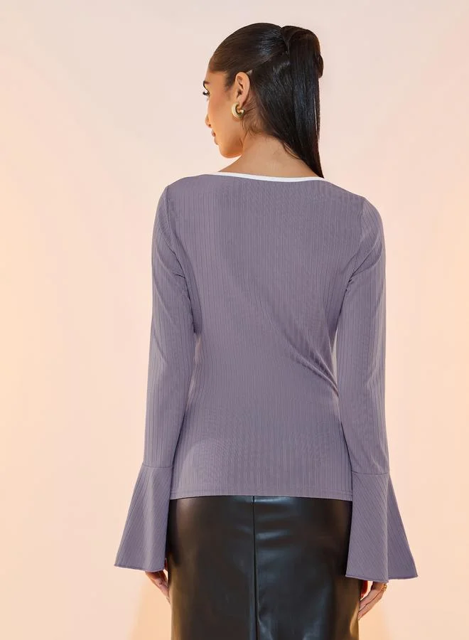 Take Two Square Neck Ribbed Knit Top with Contrast Trim
