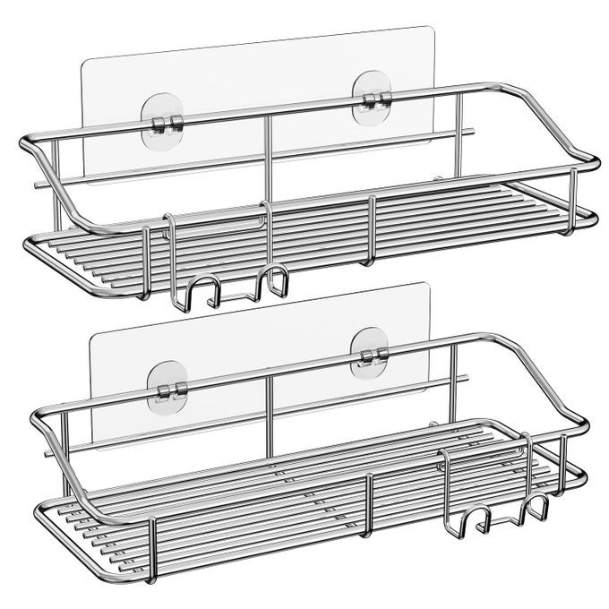 SHOWER CADDY SHELF STORAGE RACK ADHESIVE WITHOUT DRILLING STAINLESS STEEL WITH HOOKS FOR WASHROOM LAVATORY RESTROOM TOILET BATHROOM KITCHEN 2 PACK