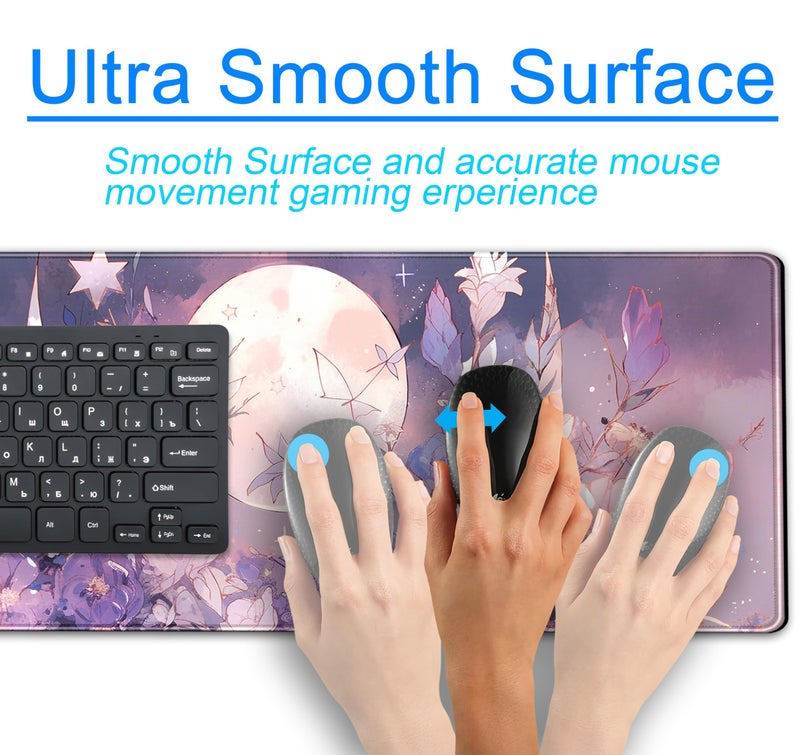 DCJJM Cool Kawaii Pastel Purple Floral Desk Mat Mouse Pad Large Gaming Mousepad Spiritual Full Moon XL Extended Desk Pad Laptop Keyboard Mouse Mat, Cute Deskmat for Women Office Decor 31.5''x11.8'' - Image 4