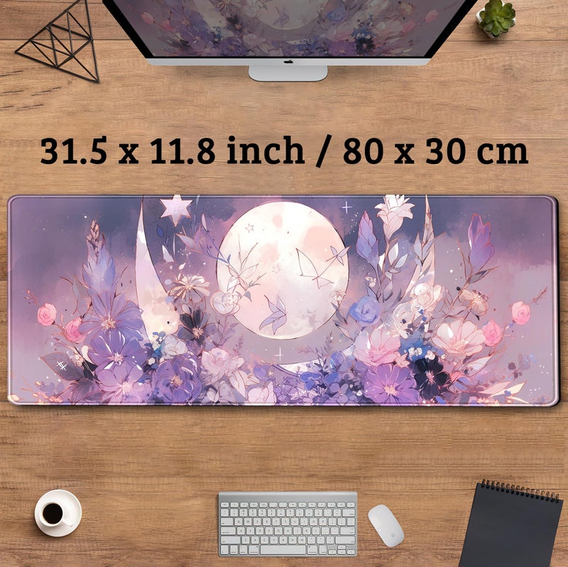 DCJJM Cool Kawaii Pastel Purple Floral Desk Mat Mouse Pad Large Gaming Mousepad Spiritual Full Moon XL Extended Desk Pad Laptop Keyboard Mouse Mat, Cute Deskmat for Women Office Decor 31.5''x11.8'' - Image 3