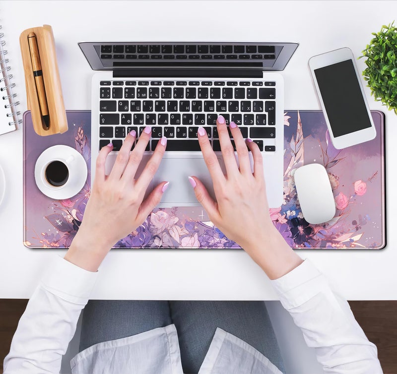 DCJJM Cool Kawaii Pastel Purple Floral Desk Mat Mouse Pad Large Gaming Mousepad Spiritual Full Moon XL Extended Desk Pad Laptop Keyboard Mouse Mat, Cute Deskmat for Women Office Decor 31.5''x11.8'' - Image 5