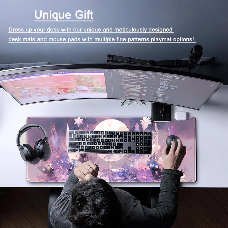 DCJJM Cool Kawaii Pastel Purple Floral Desk Mat Mouse Pad Large Gaming Mousepad Spiritual Full Moon XL Extended Desk Pad Laptop Keyboard Mouse Mat, Cute Deskmat for Women Office Decor 31.5''x11.8'' - Image 2