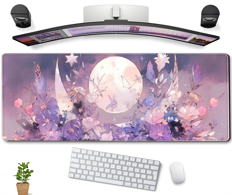 DCJJM Cool Kawaii Pastel Purple Floral Desk Mat Mouse Pad Large Gaming Mousepad Spiritual Full Moon XL Extended Desk Pad Laptop Keyboard Mouse Mat, Cute Deskmat for Women Office Decor 31.5''x11.8'' - Image 1