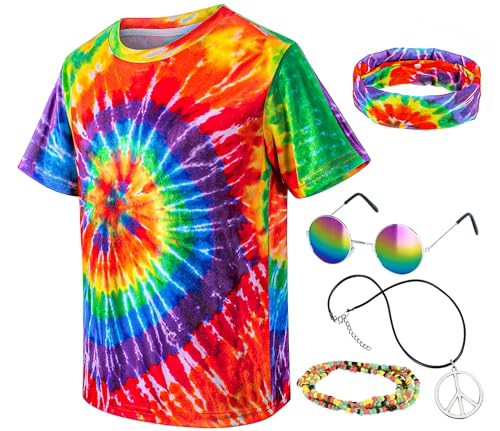 TOGROP Hippie Costume for Men Momen 60s 70s Colorful T-Shirt 5 PCS Accessories Set for Theme Party X-Large - Image 3