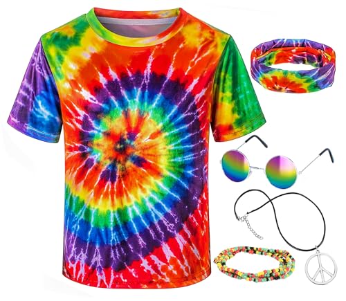 TOGROP Hippie Costume for Men Momen 60s 70s Colorful T-Shirt 5 PCS Accessories Set for Theme Party X-Large - Image 1
