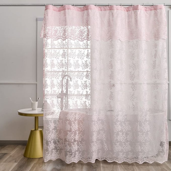 PINK LACE VINTAGE SHOWER CURTAIN WITH ATTACHED VALANCE FLORAL LACE CURTAIN FOR BATHROOM FARMHOUSE STYLE SHABBY CHIC SHOWER CURTAIN SCALLOPED EDGE 72 X 72 INCH 1 PANEL