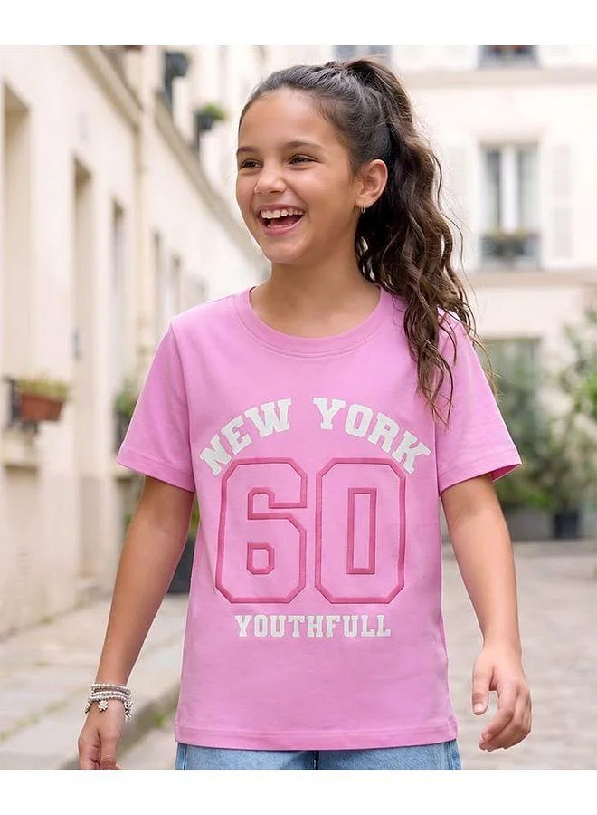 Pine Kids Pine Kids 100% Cotton "New York 60 Youthfull" Varsity Printed Short Sleeve T-Shirt - Pink