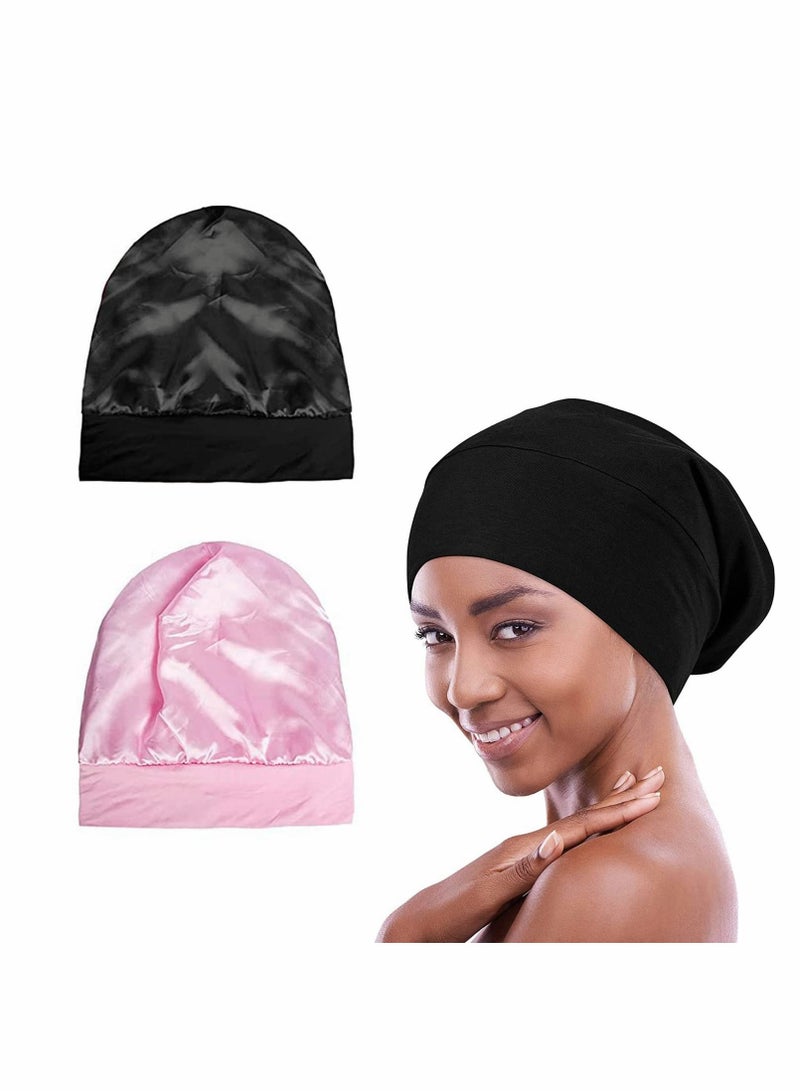 Excefore 2 PCS Satin Bonnet Hair Cover Sleep Cap Adjustable Stay on Silk Lined Slouchy Beanie Hat for Night Sleeping Gifts Loss Women Elastic On Head  - Image 1