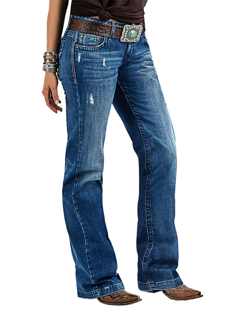 Flamingals Women's Retro Mid Rise Bootcut Flare Jeans Distressed Stitch Stretch Denim Pants Without Belt Navy Blue XL - Image 1