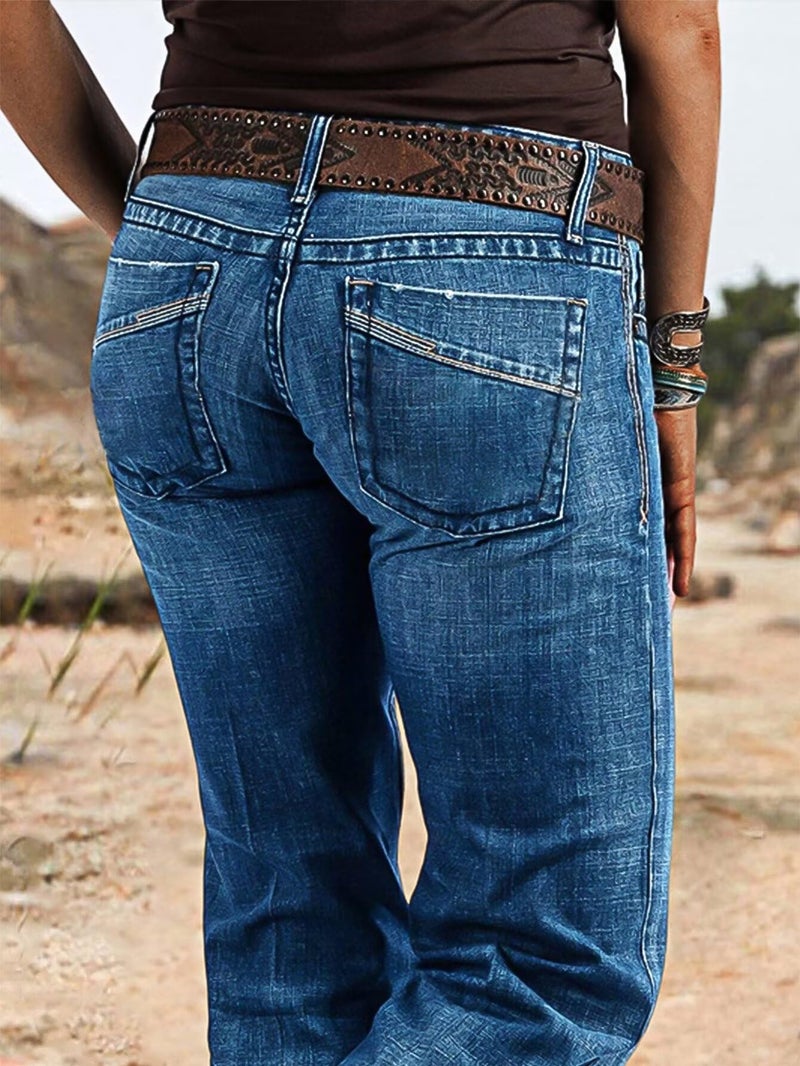 Flamingals Women's Retro Mid Rise Bootcut Flare Jeans Distressed Stitch Stretch Denim Pants Without Belt Navy Blue XL - Image 3