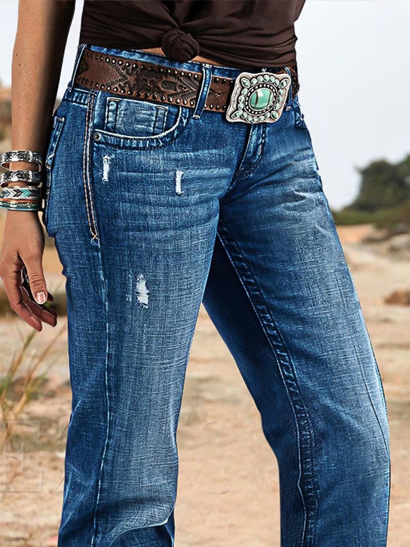 Flamingals Women's Retro Mid Rise Bootcut Flare Jeans Distressed Stitch Stretch Denim Pants Without Belt Navy Blue XL - Image 2