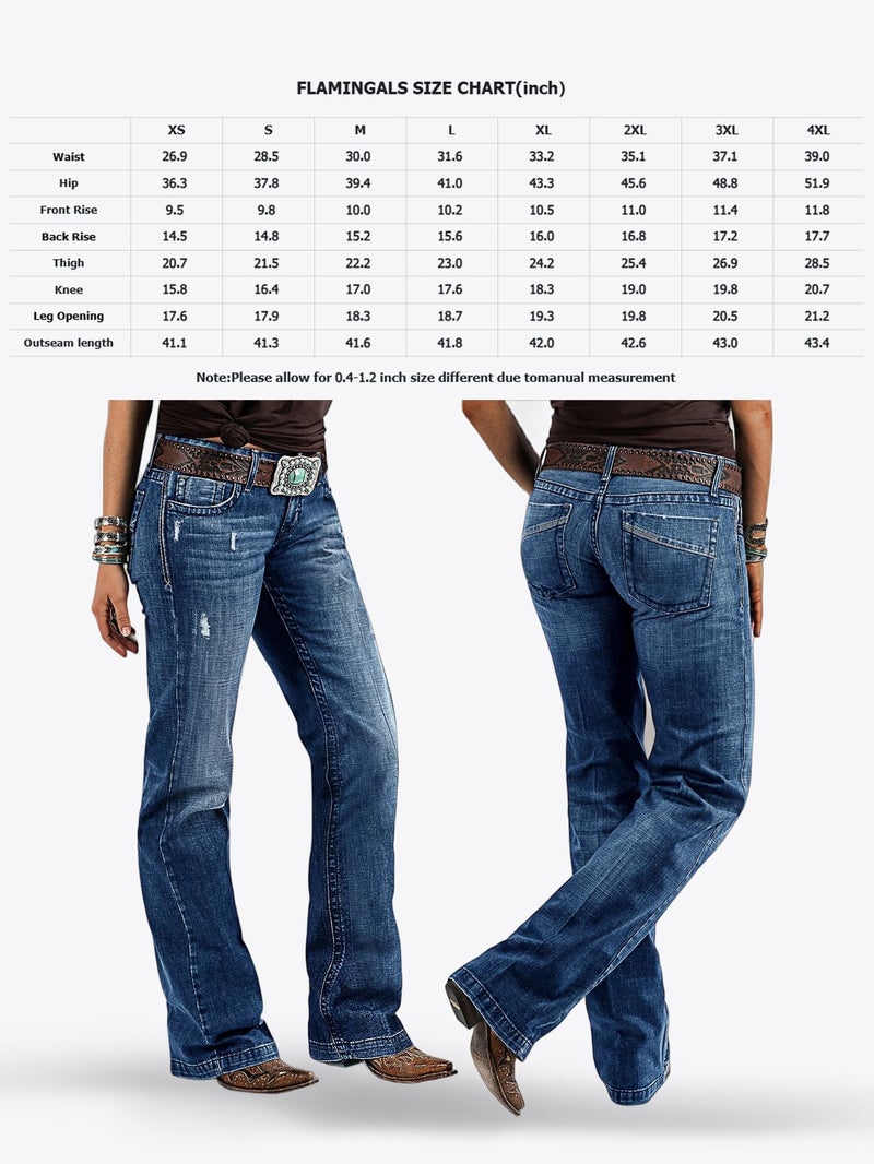 Flamingals Women's Retro Mid Rise Bootcut Flare Jeans Distressed Stitch Stretch Denim Pants Without Belt Navy Blue XL - Image 4