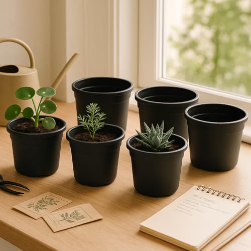 Ugaoo UV Treated Gardening Pots for Plants (8 inch Black Color Set of 6 Plastic Pots) - Image 1