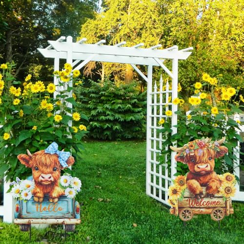 hogardeck Garden Decor for Outside Set of 2 Metal Highland Cow Decorative Garden Stakes with Sunflower for Yard Decor Welcome Sign Yard Art for Outdoor Lawn Porch Backyard Spring Decorations - Image 3