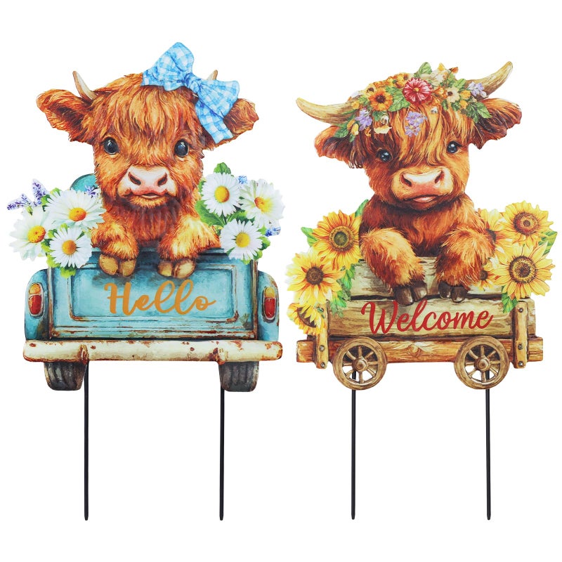 hogardeck Garden Decor for Outside Set of 2 Metal Highland Cow Decorative Garden Stakes with Sunflower for Yard Decor Welcome Sign Yard Art for Outdoor Lawn Porch Backyard Spring Decorations - Image 2