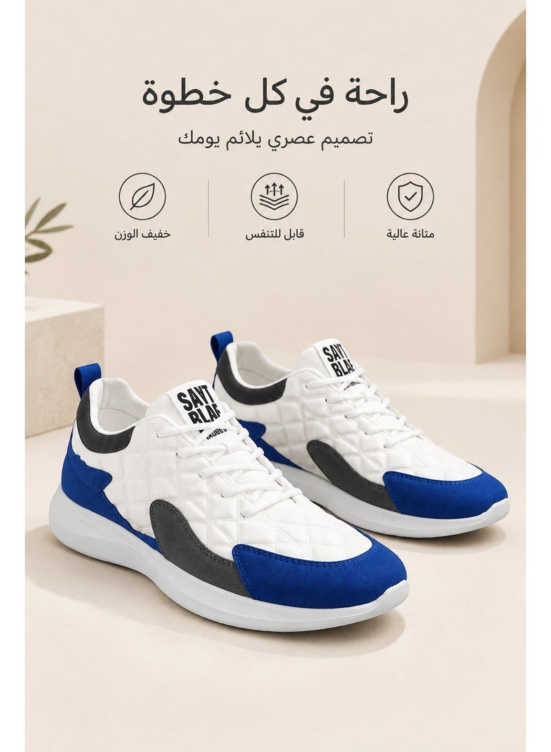 Amity Men's White Blue Color Block Quilted Lace-Up Walking Sneakers - Image 3